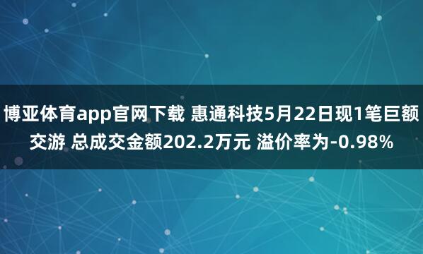 博亚体育app官网下载 惠通科技5月22日现1笔巨额交游 总成交金额202.2万元 溢价率为-0.98%